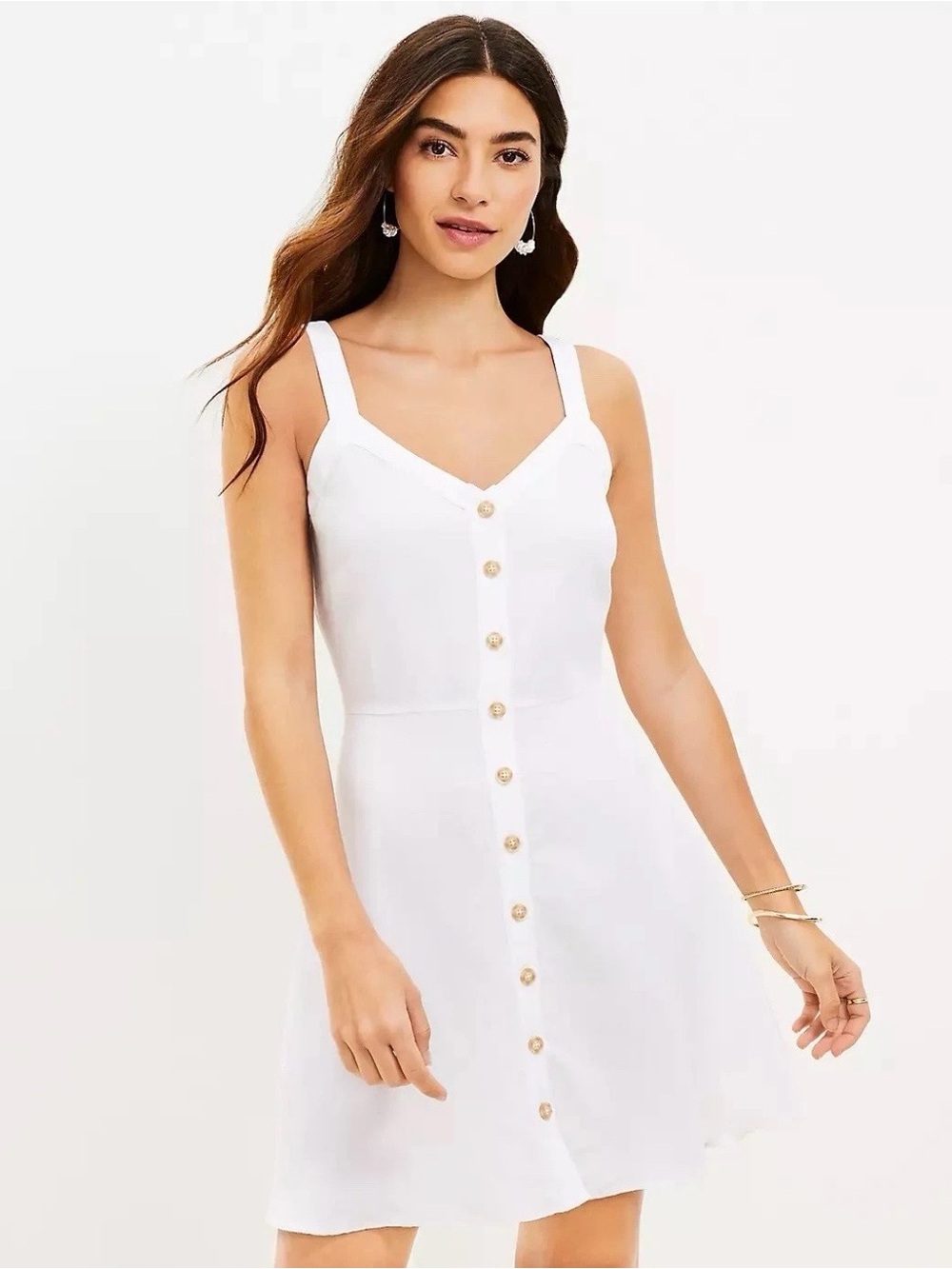 LOFT White Button-Front Mini Flare Sundress Linen Blend   NWT 8P